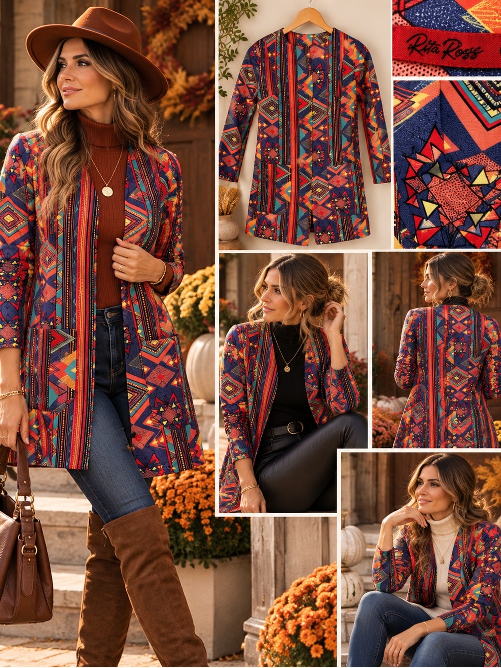 Rita Ross Colorful Aztec-Print Long Blazer